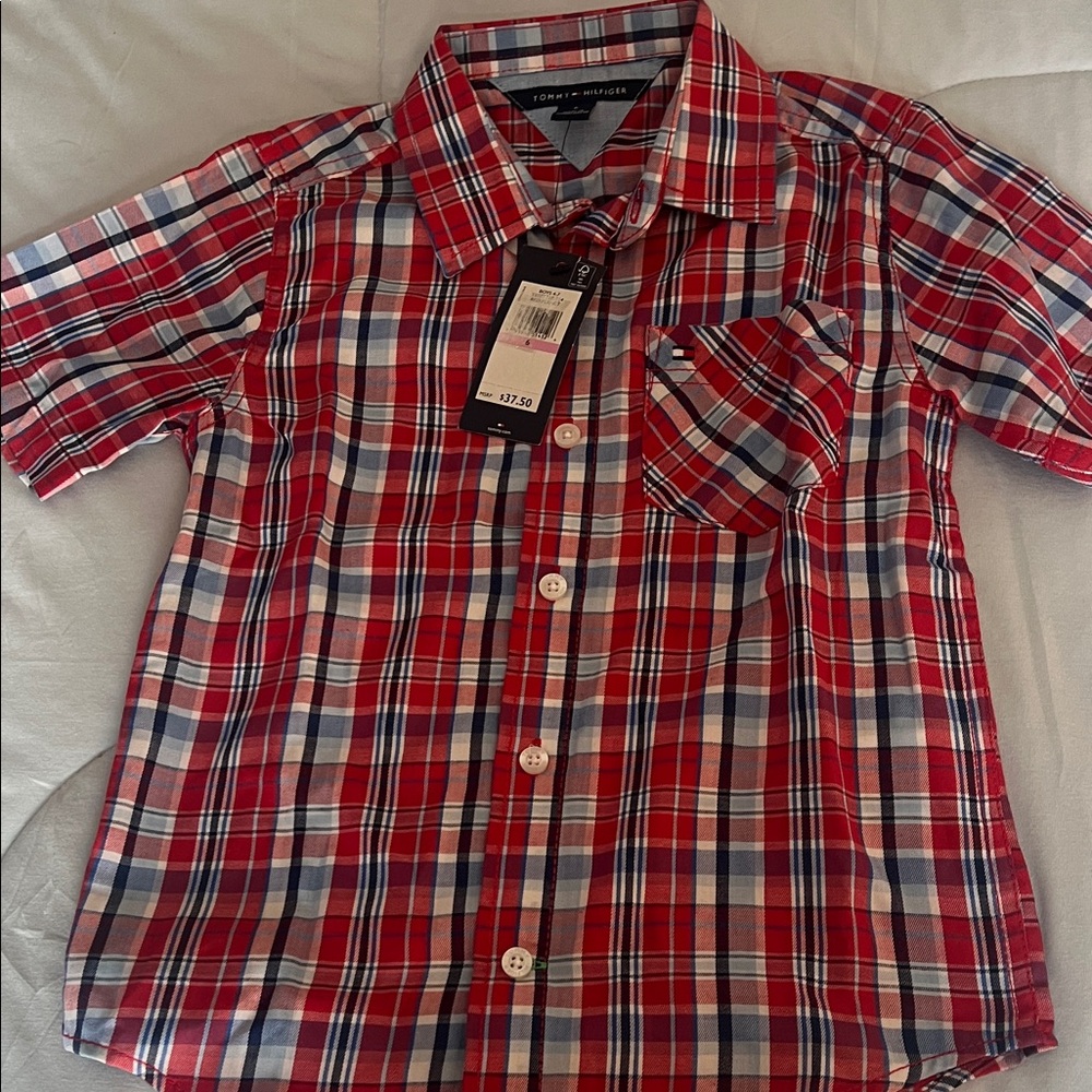 Tommy Hilfiger Kids Red and Blue Plaid Button Down Shirt